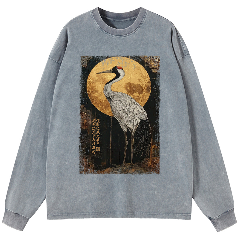Tokyo-Tiger Vintage Japanese Crane Kanji Washed Long Sleeve T-Shirt