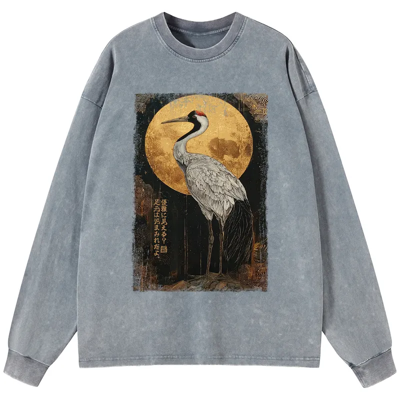 Tokyo-Tiger Vintage Japanese Crane Kanji Washed Long Sleeve T-Shirt