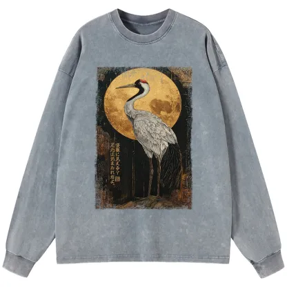 Tokyo-Tiger Vintage Japanese Crane Kanji Washed Long Sleeve T-Shirt