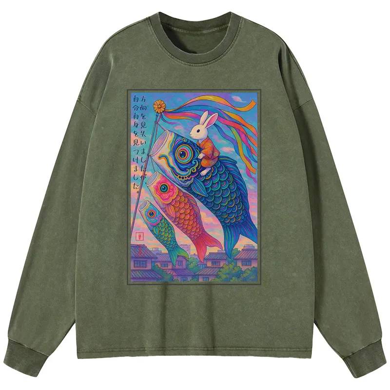 Tokyo-Tiger Ukiyoe Rabbit Ride Carp Streamer Poster Washed Long Sleeve T-Shirt
