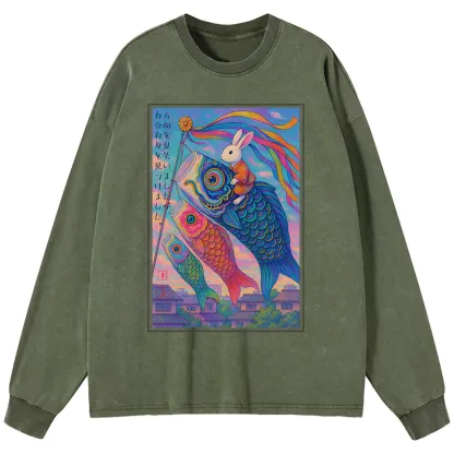 Tokyo-Tiger Ukiyoe Rabbit Ride Carp Streamer Poster Washed Long Sleeve T-Shirt
