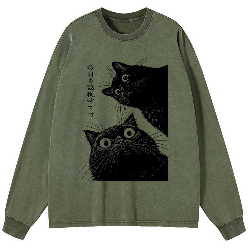 Tokyo-Tiger The Cat Is Watching Today Washed Long Sleeve T-Shirt