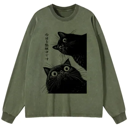 Tokyo-Tiger The Cat Is Watching Today Washed Long Sleeve T-Shirt