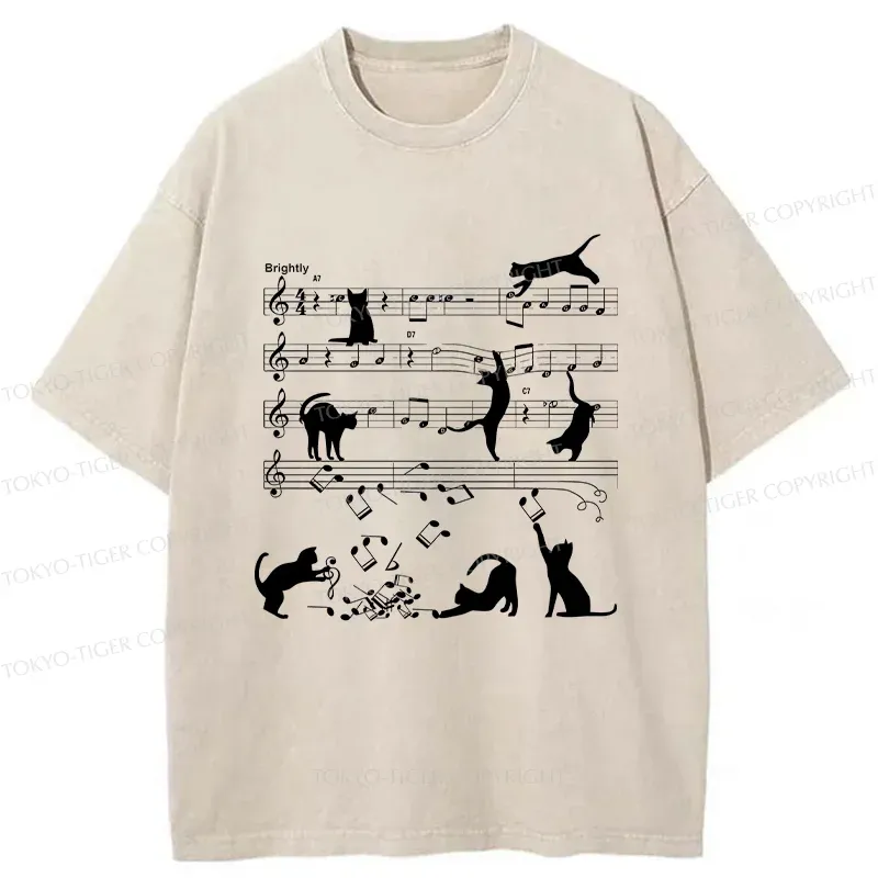 Tokyo-Tiger Cat Playing With Sheet Music Washed T-Shirt Sale