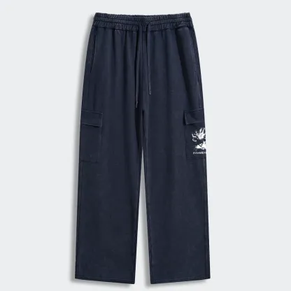 Tokyo-Tiger Retro Cat Smoking Washed Utility Sweatpants