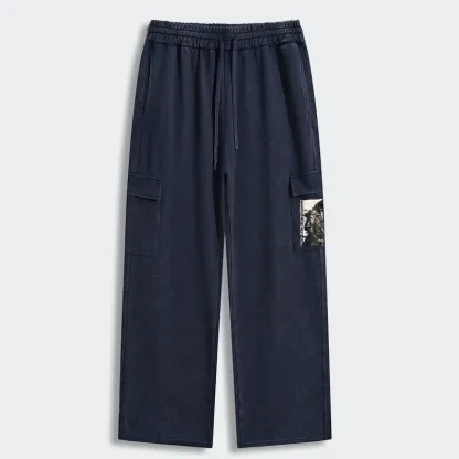 Tokyo-Tiger Cat Samurai Retro Washed Utility Sweatpants