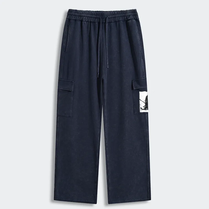 Tokyo-Tiger Retro Cat Samurai Japanese Washed Utility Sweatpants