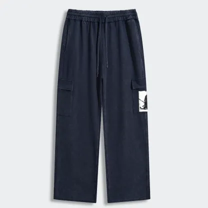 Tokyo-Tiger Retro Cat Samurai Japanese Washed Utility Sweatpants