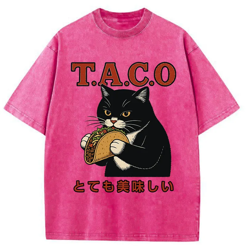 Tokyo-Tiger Cat Eating Taco Washed T-Shirt