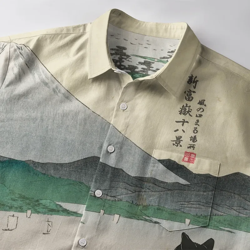 Tokyo-Tiger Cat Overlooking Lakeside View Button-up Shirt