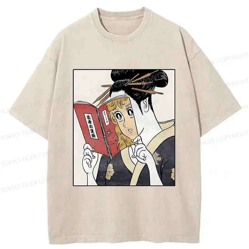 Tokyo-Tiger Geisha Reading Girls' Comics Washed T-Shirt