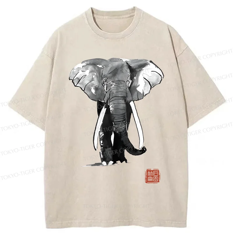 Tokyo-Tiger Elephant Ink Painting Washed T-Shirt