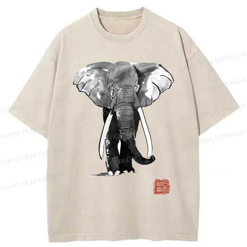 Tokyo-Tiger Elephant Ink Painting Washed T-Shirt Sale