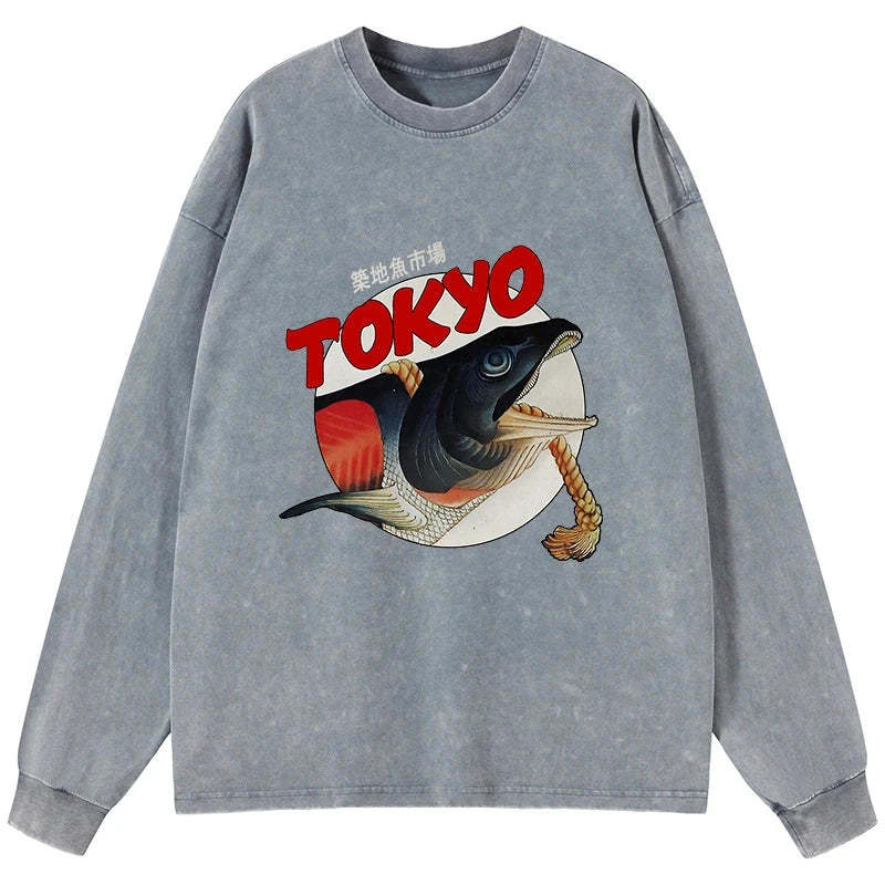 Tokyo-Tiger Vintage Japanese Tsukiji Fish Market Washed Long Sleeve T-Shirt