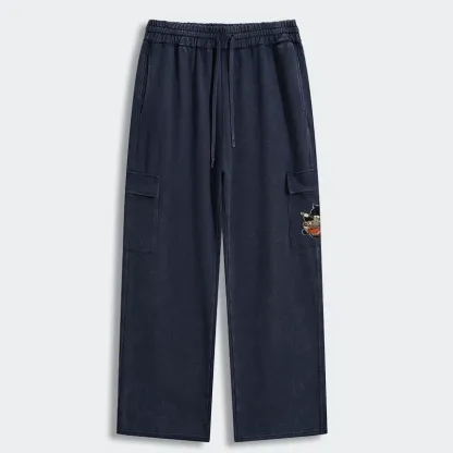 Tokyo-Tiger Fat Cat Eating Ramen Washed Utility Sweatpants