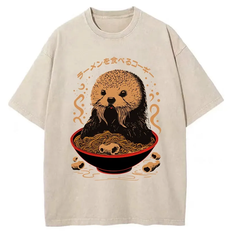 Tokyo-Tiger Otter Eating Ramen Washed T-Shirt