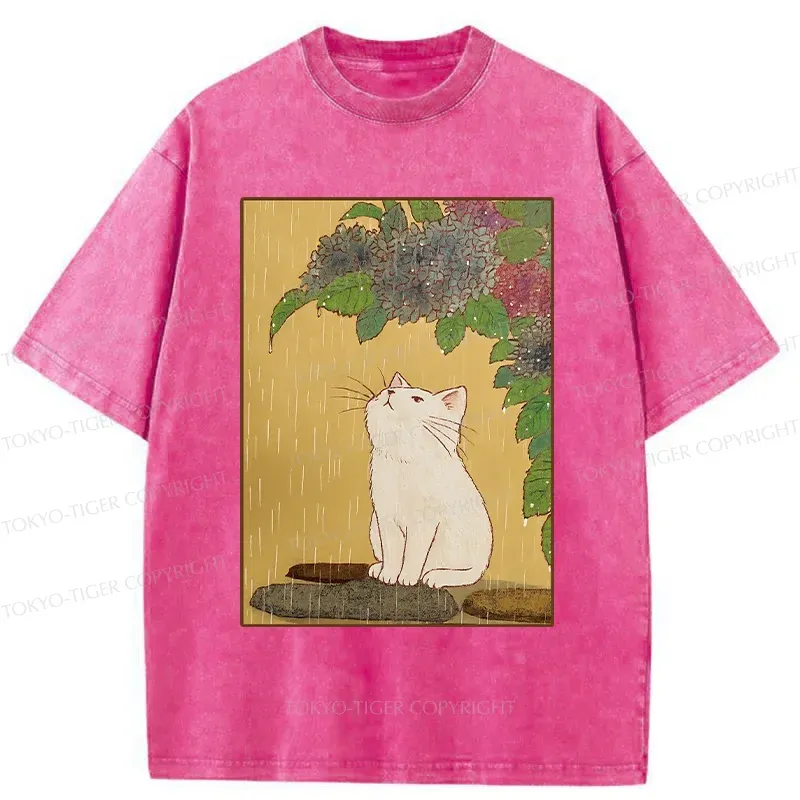 Tokyo-Tiger Cat Enjoying Flowers Washed T-Shirt