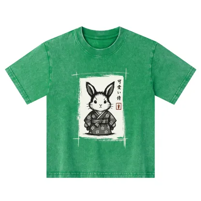 Tokyo-Tiger Woodcut Bunny Kids Washed T-Shirt