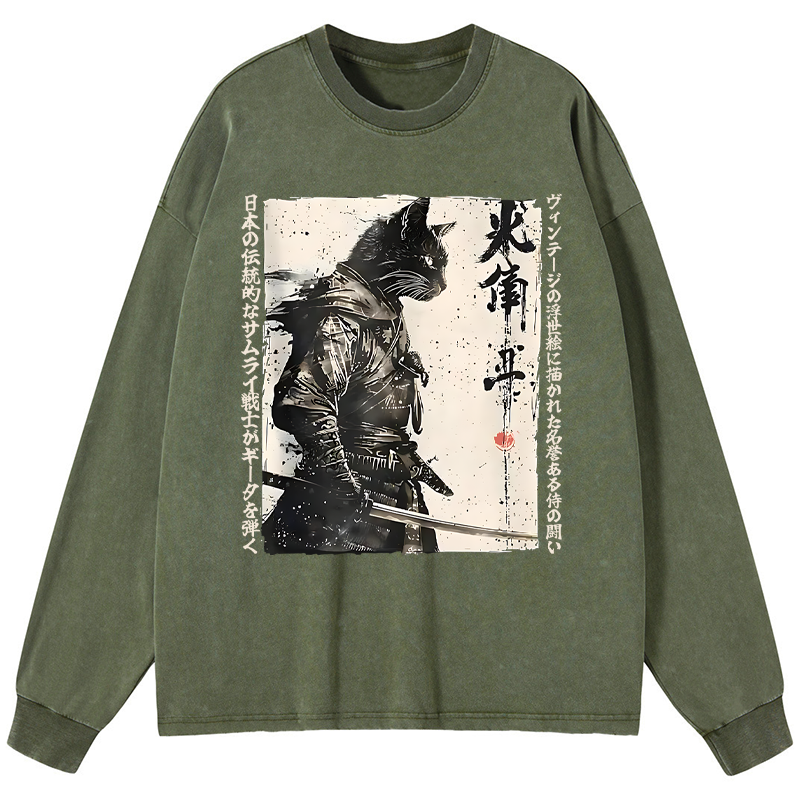 Tokyo-Tiger Cat Samurai Retro Washed Long Sleeve T-Shirt