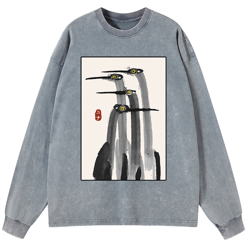 Tokyo-Tiger Japanese Crane Poster Washed Long Sleeve T-Shirt