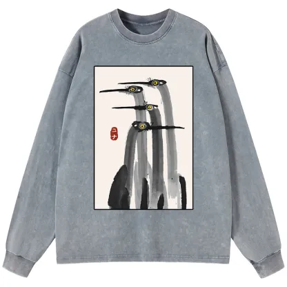 Tokyo-Tiger Japanese Crane Poster Washed Long Sleeve T-Shirt