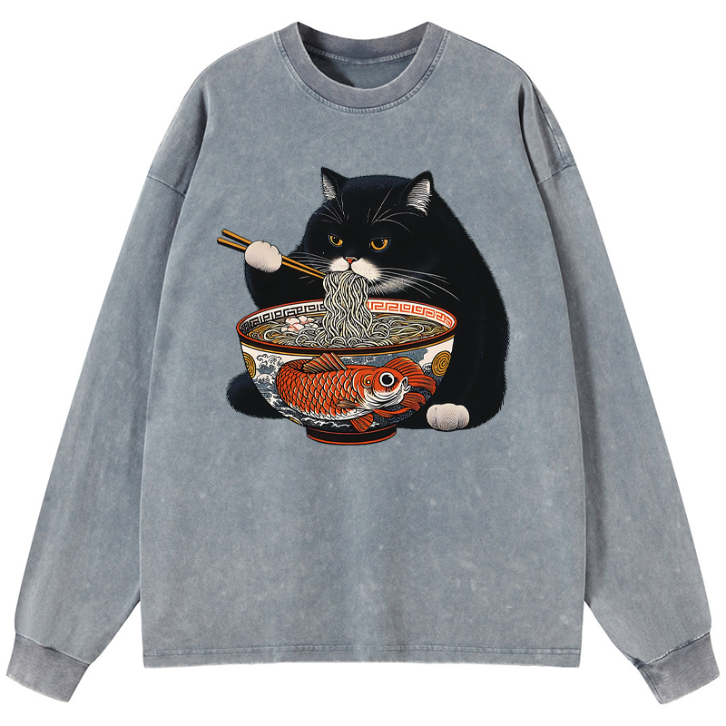 Tokyo-Tiger Fat Cat Eating Ramen Washed Long Sleeve T-Shirt