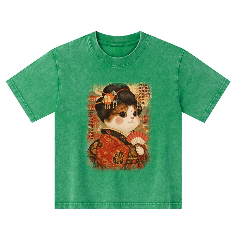 Tokyo-Tiger Ukiyoe Japanese Cat Princess Kids Washed T-Shirt