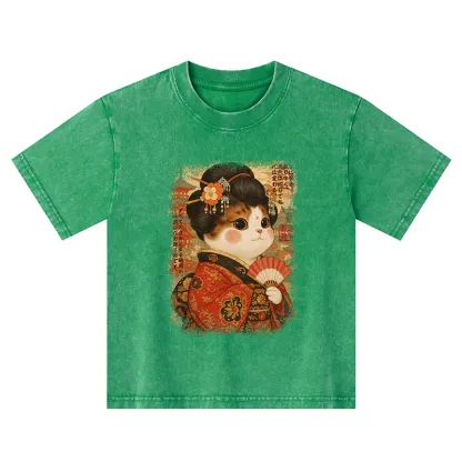 Tokyo-Tiger Ukiyoe Japanese Cat Princess Kids Washed T-Shirt