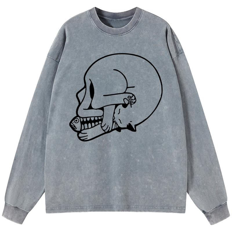 Tokyo-Tiger Funny Cat Eating Fish Washed Long Sleeve T-Shirt