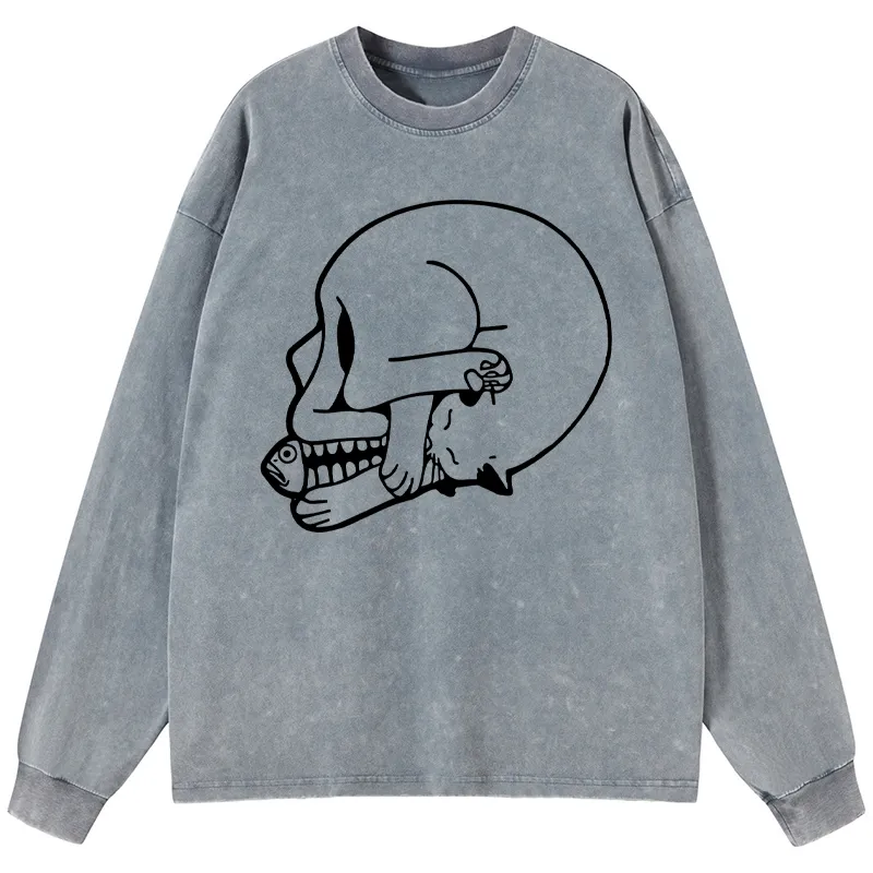 Tokyo-Tiger Funny Cat Eating Fish Washed Long Sleeve T-Shirt