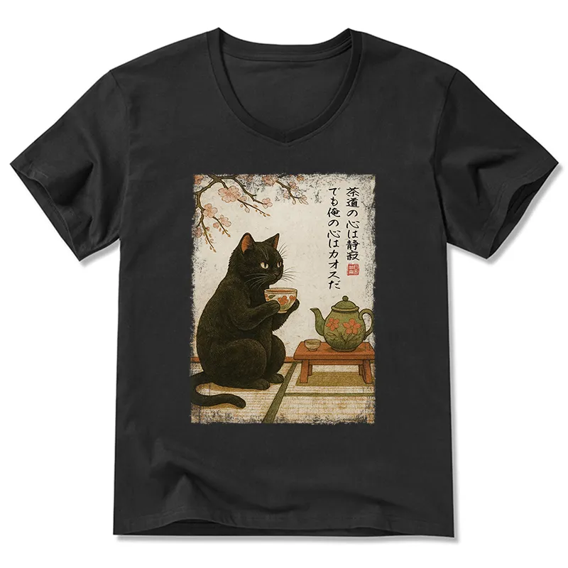 Tokyo-Tiger Tea Time With A Black Cat V-Neck Classic T-Shirt