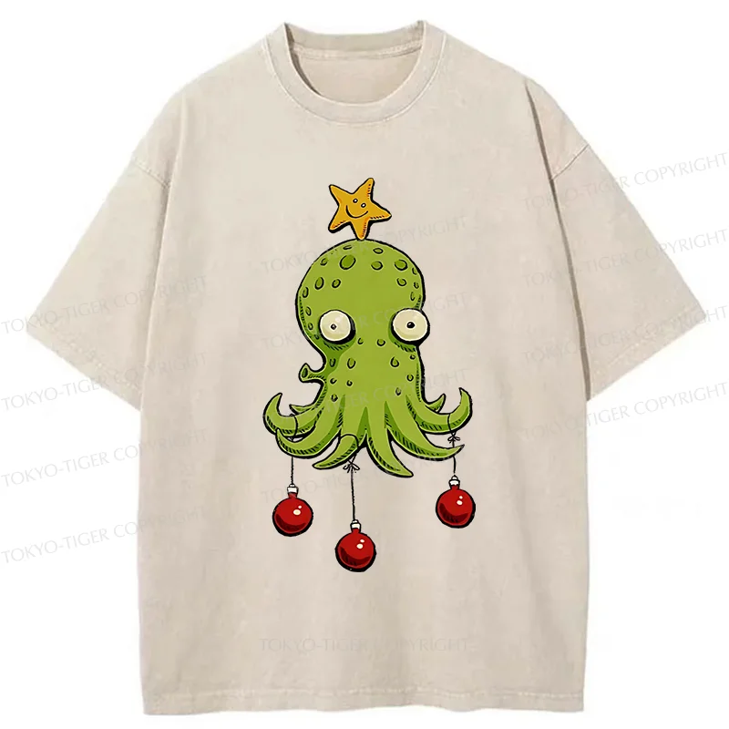 Tokyo-Tiger Christmas Tree Octopus Washed T-Shirt