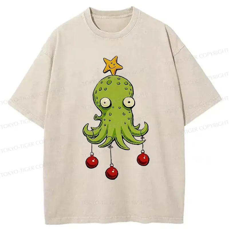 Tokyo-Tiger Christmas Tree Octopus Washed T-Shirt