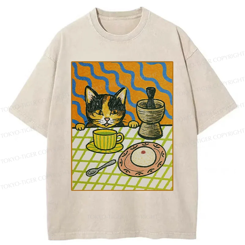 Tokyo-Tiger Cat Waiting For Afternoon Tea Washed T-Shirt