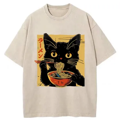 Tokyo-Tiger Cat Enamored Of Ramen Washed T-Shirt