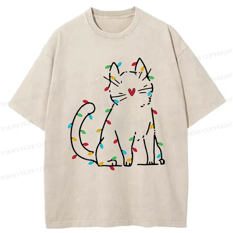 Tokyo-Tiger Christmas Lights Cat Washed T-Shirt
