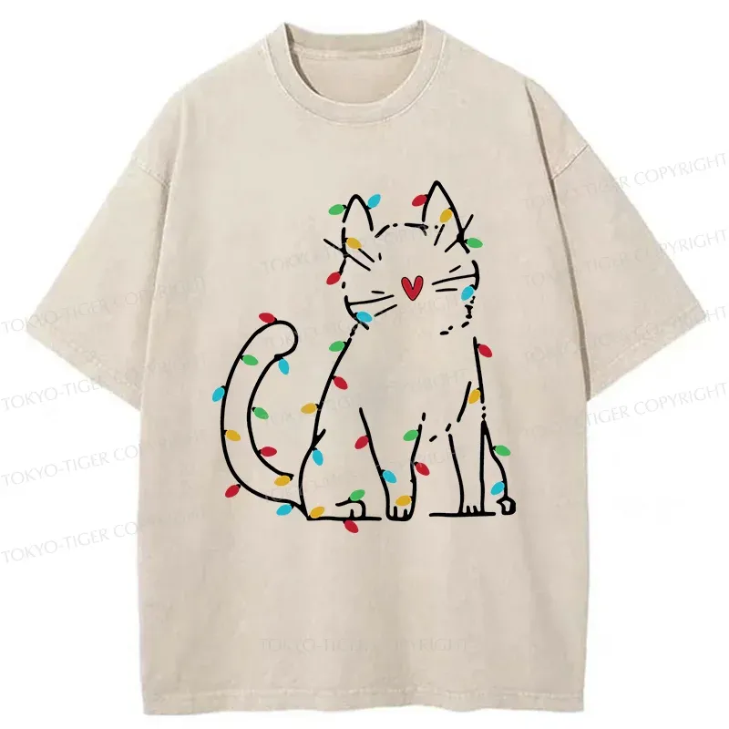 Tokyo-Tiger Christmas Lights Cat Washed T-Shirt
