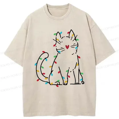 Tokyo-Tiger Christmas Lights Cat Washed T-Shirt