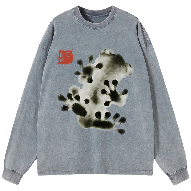 Tokyo-Tiger Ink Painting Frog Washed Long Sleeve T-Shirt