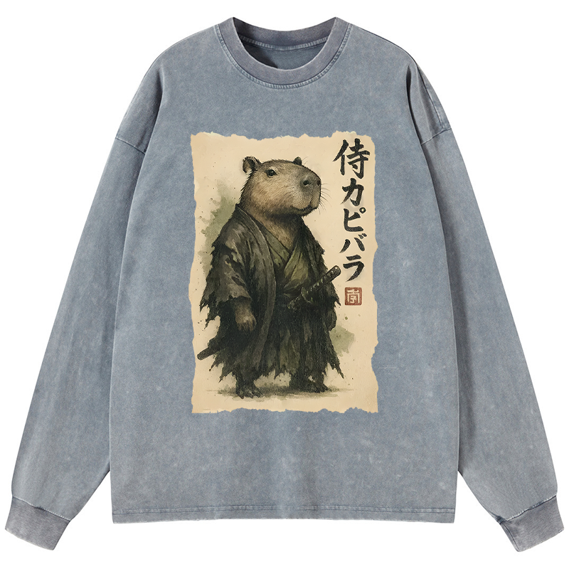 Tokyo-Tiger Capybara Samurai Washed Long Sleeve T-Shirt