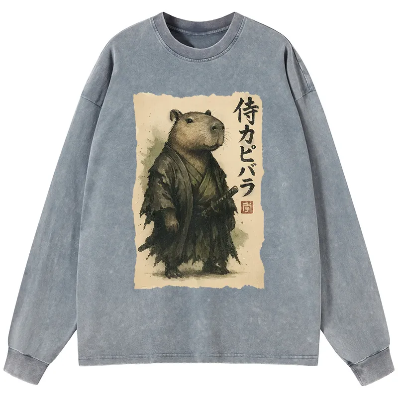Tokyo-Tiger Capybara Samurai Washed Long Sleeve T-Shirt