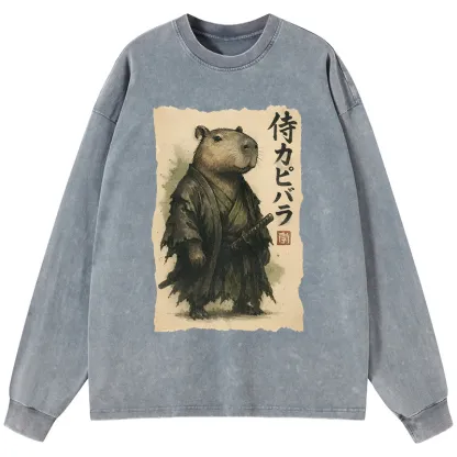 Tokyo-Tiger Capybara Samurai Washed Long Sleeve T-Shirt