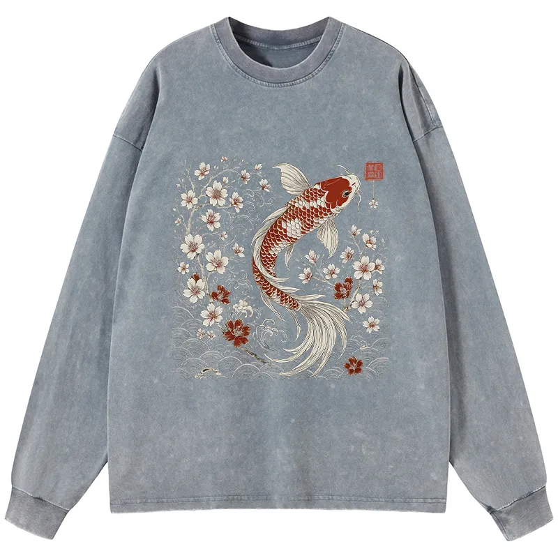 Tokyo-Tiger Vintage Sakura And Koi Washed Long Sleeve T-Shirt