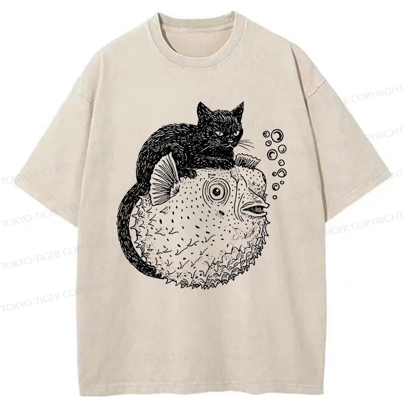 Tokyo-Tiger Black Cat Riding A Pufferfish Washed T-Shirt
