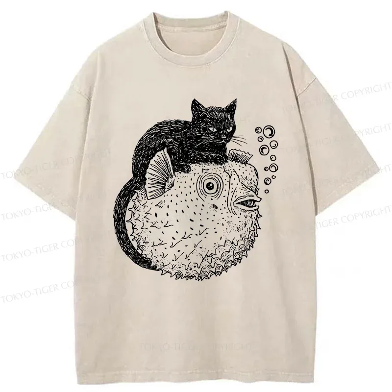 Tokyo-Tiger Black Cat Riding A Pufferfish Washed T-Shirt