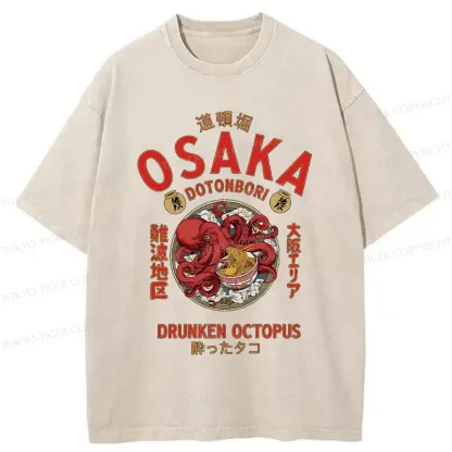 Tokyo-Tiger Osaka Octopus Eating Ramen Washed T-Shirt