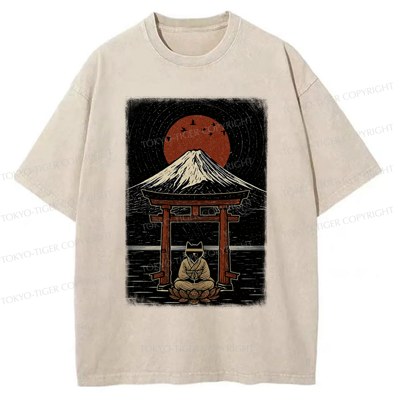 Tokyo-Tiger Samurai Cat In Meditation Washed T-Shirt