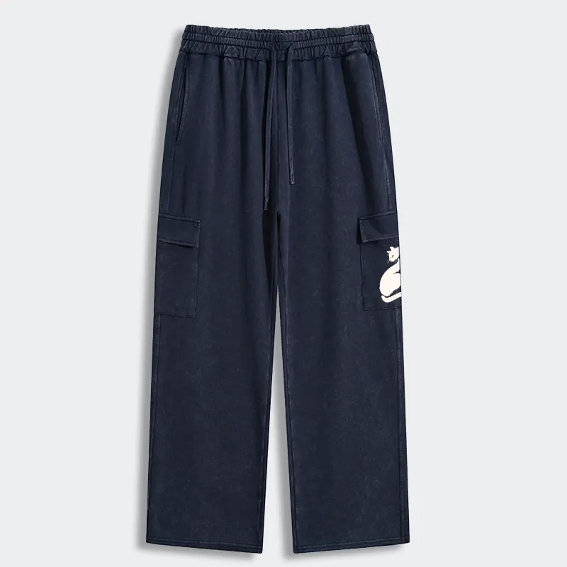 Tokyo-Tiger Elegant Black Cat Japan Washed Utility Sweatpants