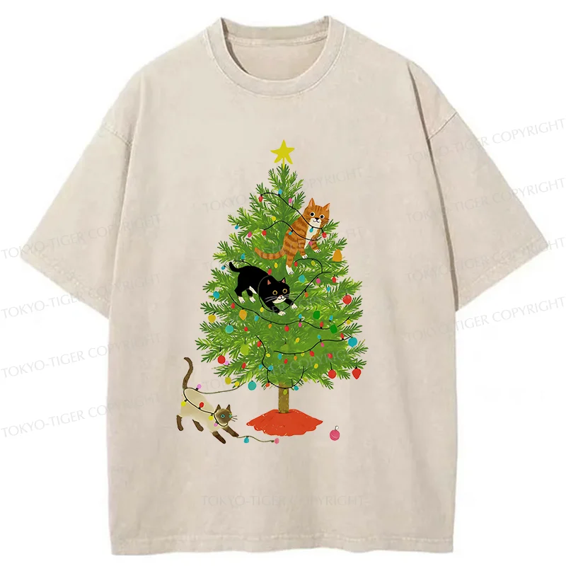 Tokyo-Tiger Cats Playing On The Christmas Tree Washed T-Shirt