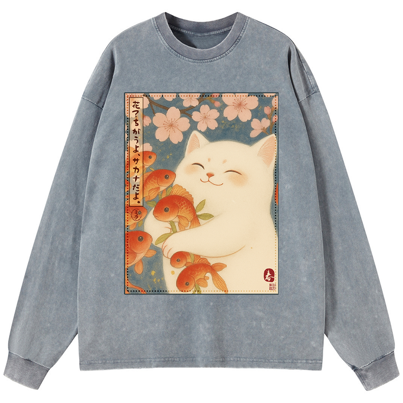Tokyo-Tiger Funny Ukiyoe Cat and Fish Flower Washed Long Sleeve T-Shirt